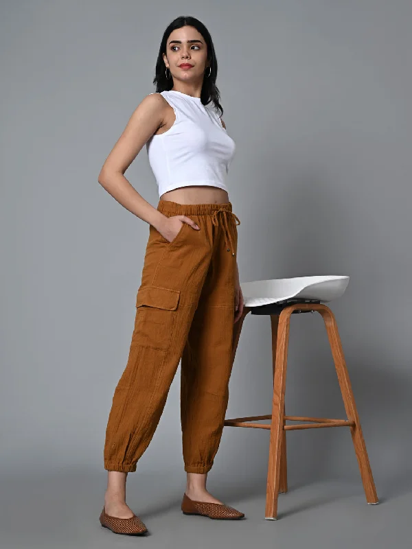 Women's Mustard Cotton Jogger Pant Trendy Wide-Legged Trousers