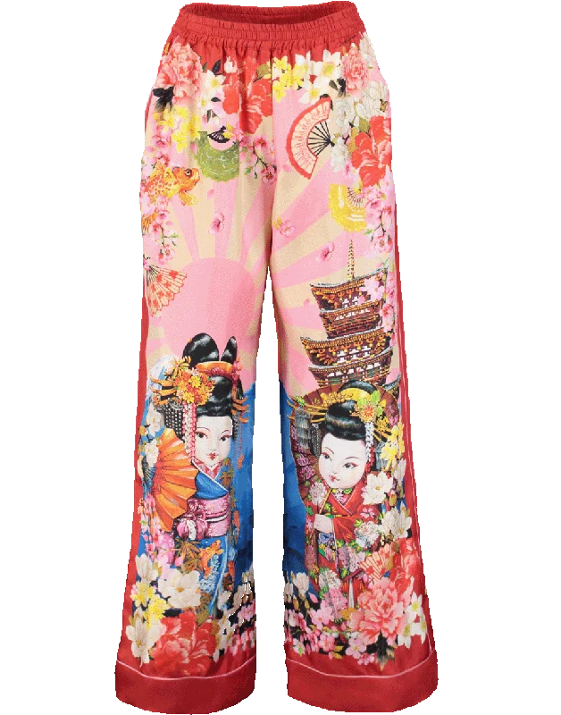 Japan Print Pajama Pant Elegant Wool Trousers