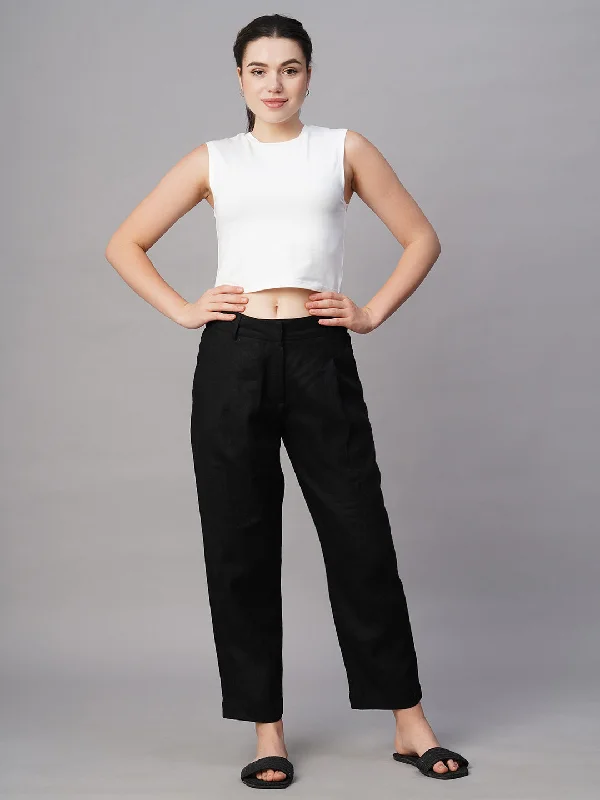 Women's Black Linen Regular Fit Pant Chic Faux Leather Pants