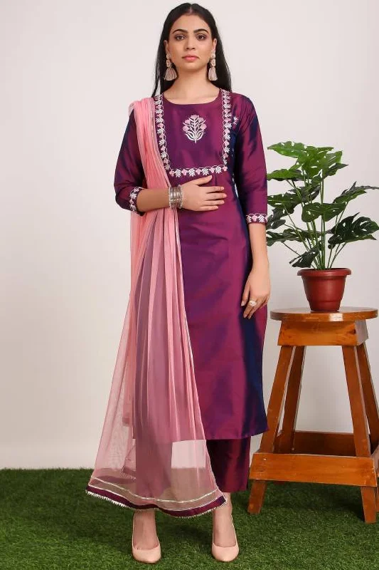 Women Party Wear Embroidery Worked Kurta With Pant And Duppata Set Trendy Printed Leggings