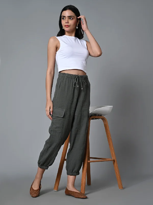 Women's Grey Cotton Jogger Pant Casual Drawstring Pants
