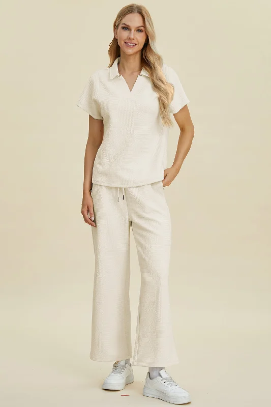 Full Size Collared Neck Short Sleeve Top and Pants Set Comfy Zip-Up Pants