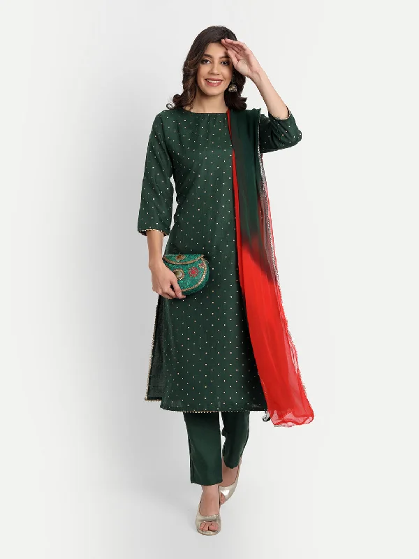 Women Party Wear Foil Polka Print Worked Kurta With Pant And Duppata Set Fashionable Tapered Leg Pants