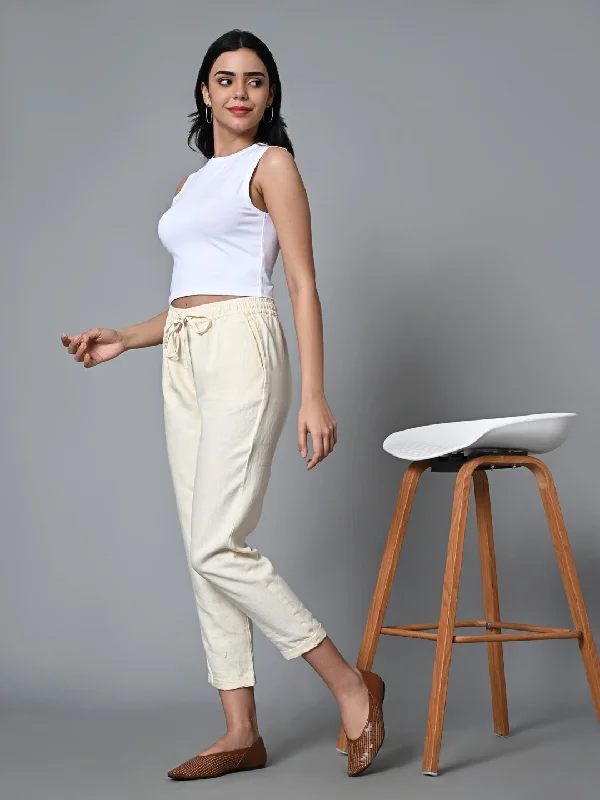 Women's Offwhite Linen Regular Fit Pant Formal Slim Pants