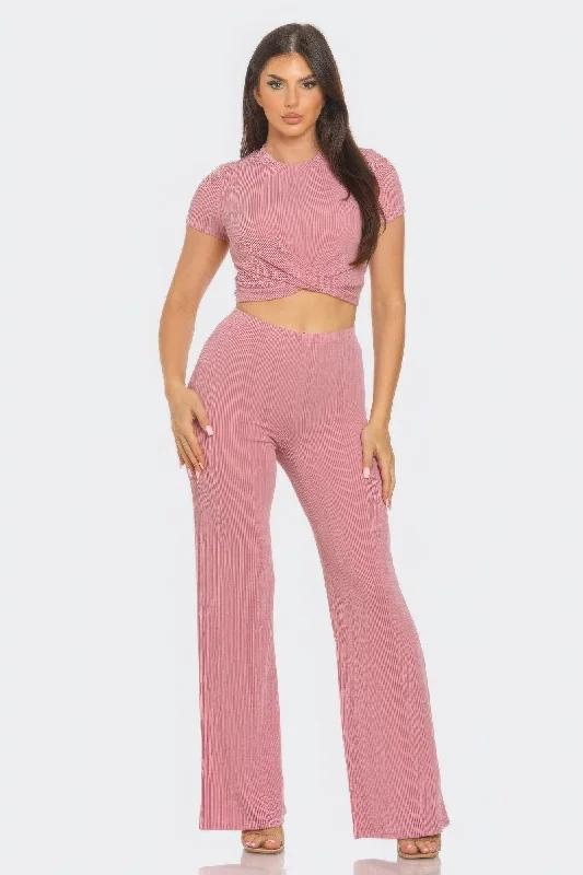 Front Twist Detail Top And Flare Pants Set Comfortable Denim Pants
