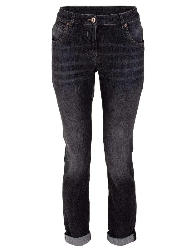 Dark Grey Monili Detail Straight Leg Denim Pant Chic Wool Trousers