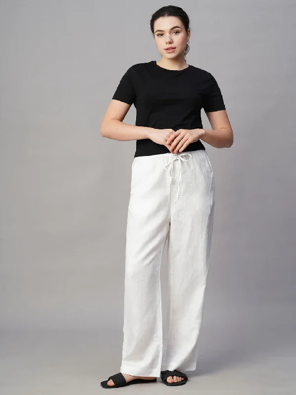 Women's White Linen Regular Fit Pant Formal Wide-Leg Pants