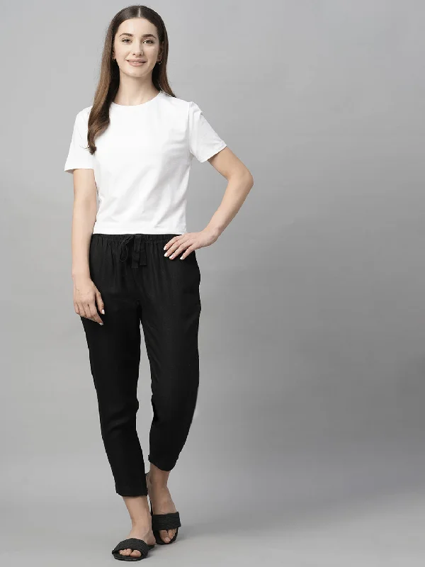 Women's Black Linen Regular Fit Pant Elegant Silk Pants