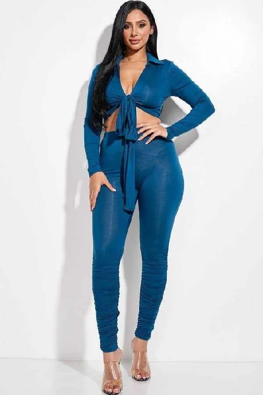Collared Tie Front Top And Ruched Pants Set Casual Yoga Pants