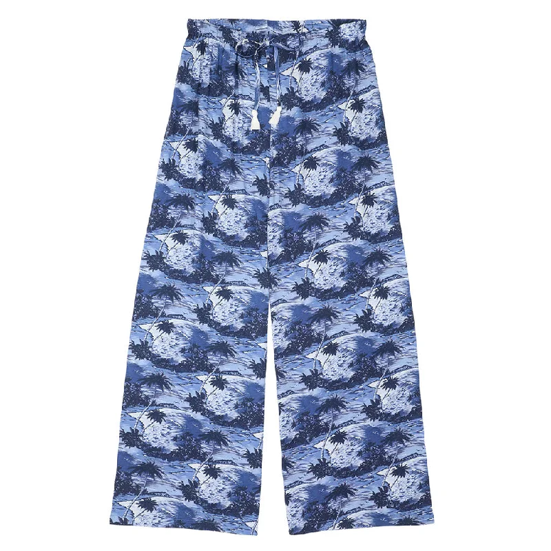 TROPICALI Womens  Hawaiian Pants - Blue Palms Trendy Palazzo Pants