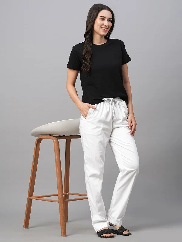Women's White Cotton Lycra Regular Fit Pant Comfy Zip-Up Pants
