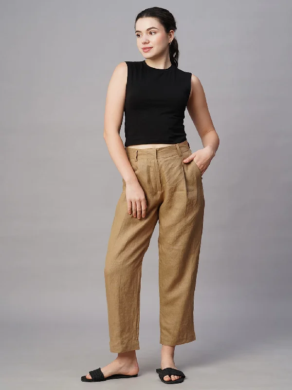 Women's Khaki Linen Regular Fit Pant Soft Sweatpants Style