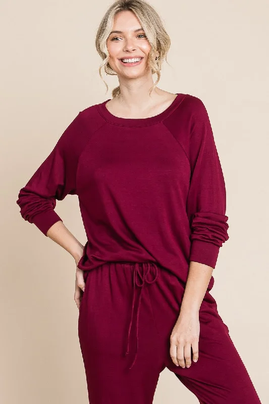 Burgundy Round Neck Raglan Sleeve Top and Pants Lounge Set Classic Straight Pants