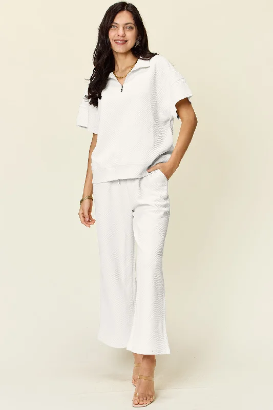 Texture Half Zip Short Sleeve Top and Pants Set Stylish Paperbag Waist Pants