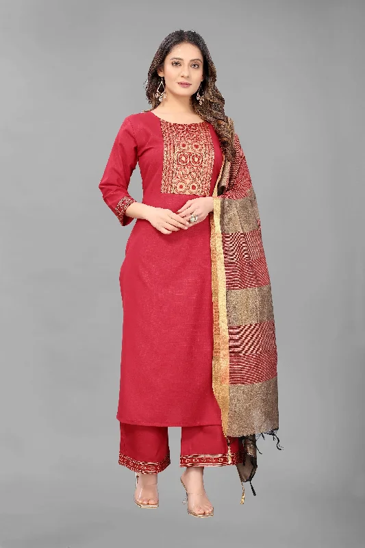 Women Party Wear Embroidery Worked Kurta With Pant And Duppata Set Warm Wool Trousers