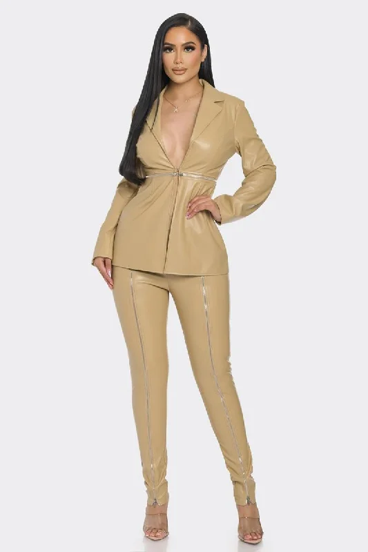 Faux Leather Zipper Pant Set Modern Bootcut Pants