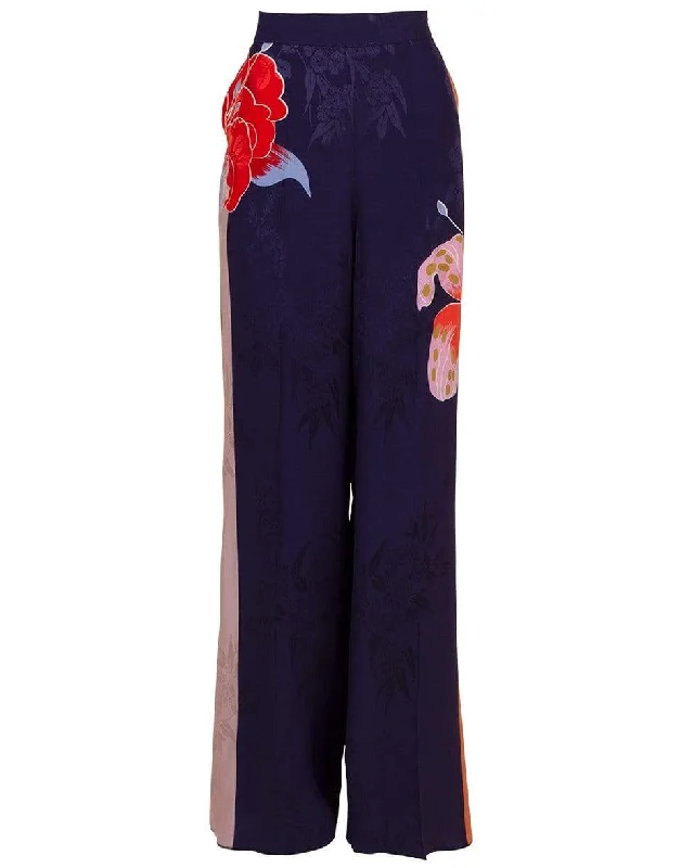 Jacquard Floral Print Pant Relaxed High-Waist Trousers