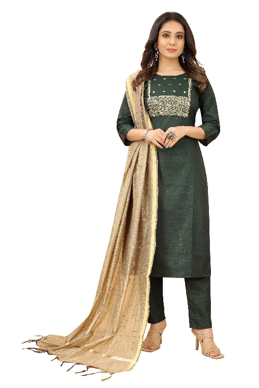 Women Party Wear Embroidery Worked Kurta With Pant And Duppata Set Wide-Legged Palazzos