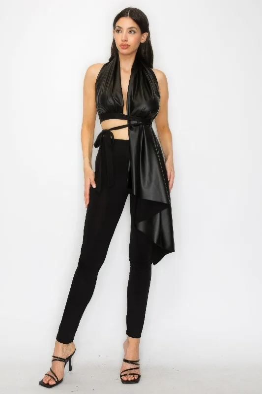 Trendy Women's Faux Leather Top & Pants Set - Chic Outfit Cozy Lounge Pants