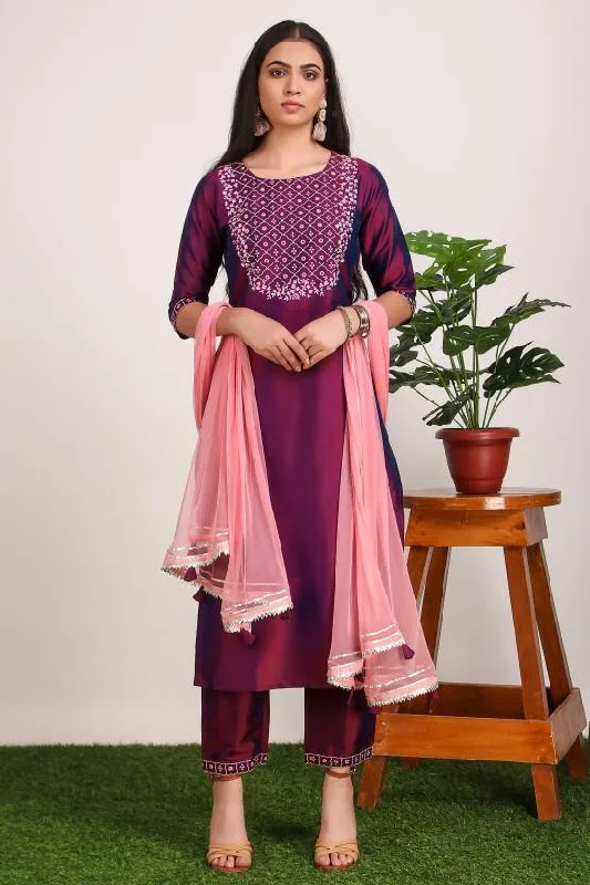 Women Party Wear Embroidery Worked Kurta With Pant And Duppata Set Elegant Wool Trousers