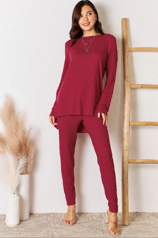 Ribbed Round Neck High-Low Slit Top and Pants Set Classic Stretch Pants