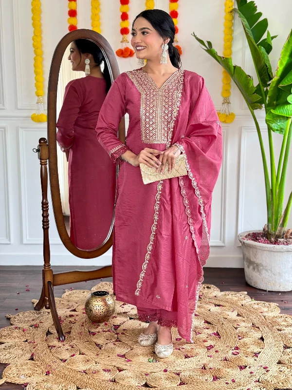 Women Party Wear Embroidery Worked Kurta With Pant And Duppata Set Chic Checkered Pants