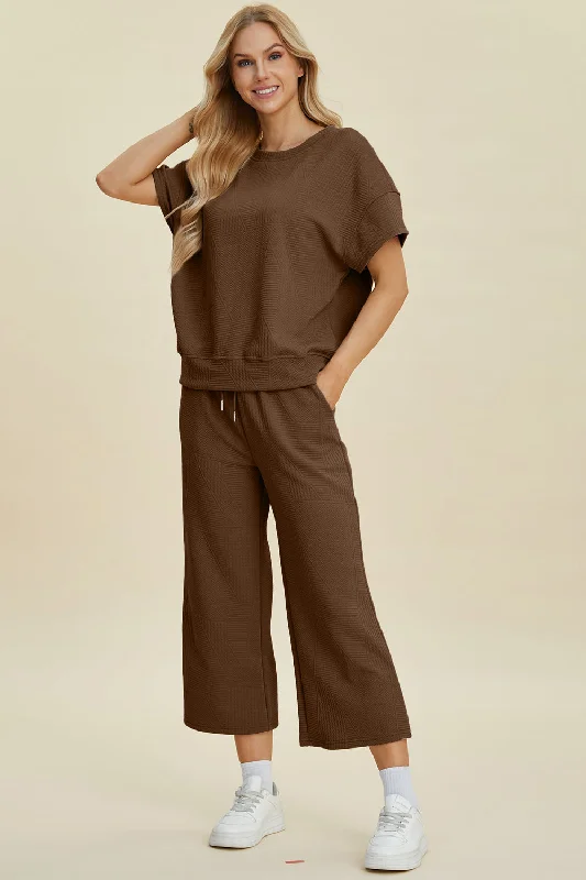 Texture Round Neck Top and Pants Set Formal Stretch Pants