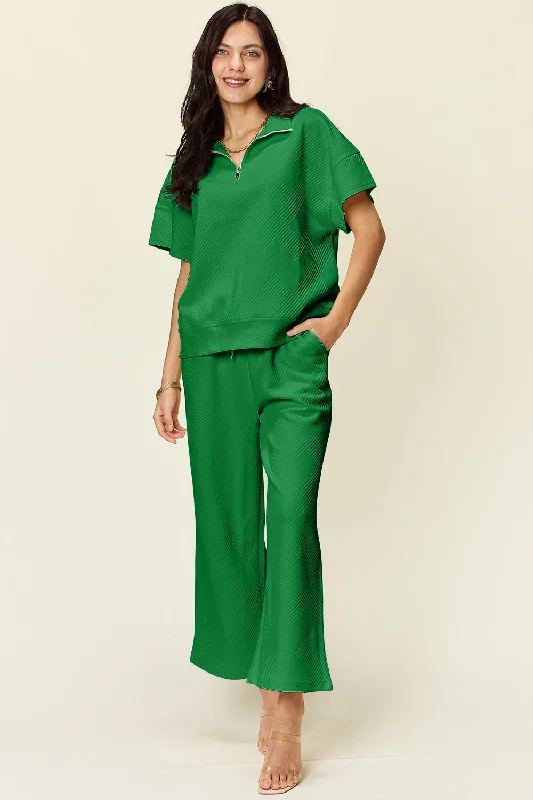 Full Size Texture Half Zip Short Sleeve Top and Pants Set Trendy Work Pants