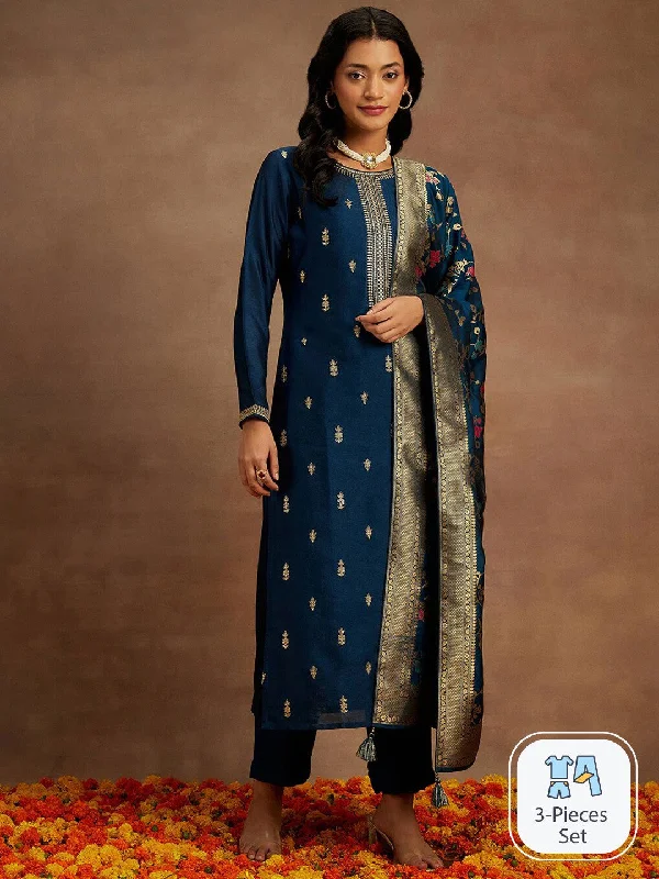 Women Party Wear Embroidery Worked Kurta With Pant And Duppata Set Elegant High-Waist Pants