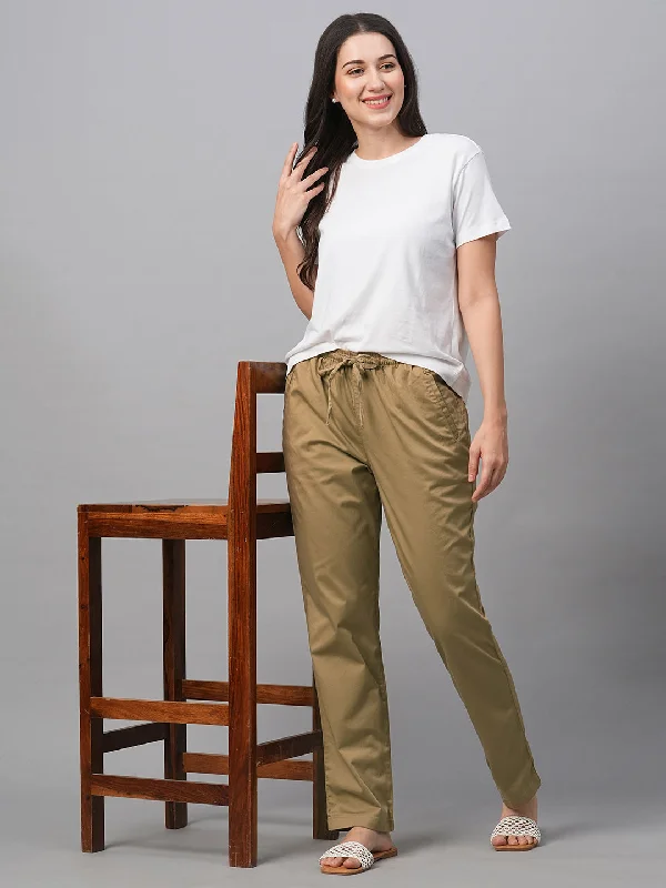 Women's Khaki Cotton Lycra Regular Fit Pant Fashionable Tapered Leg Pants