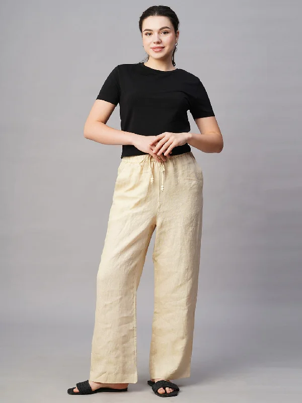 Women's Beige Linen Regular Fit Pant Soft Stretch Pants
