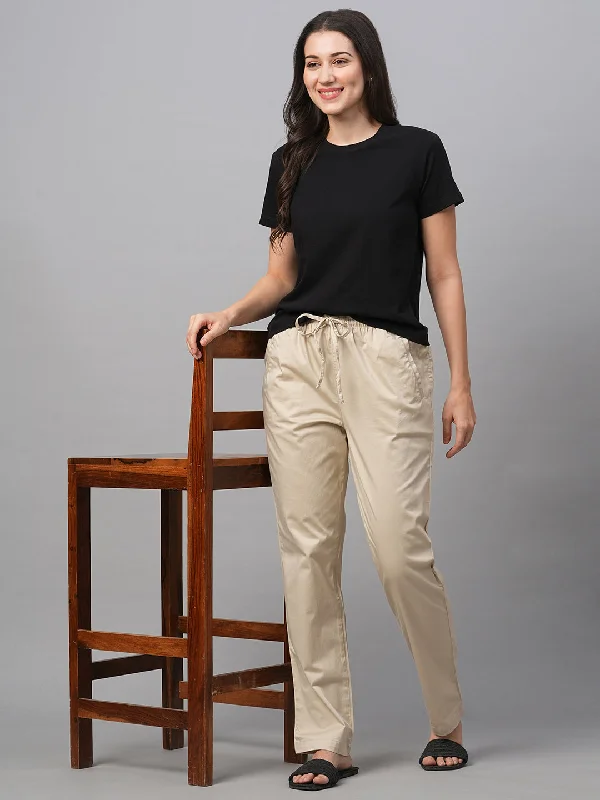 Women's Beige Cotton Lycra Regular Fit Pant Elegant Dress Pants