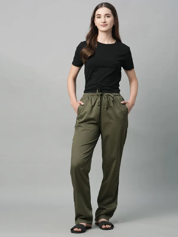 Women's Olive Cotton Elastane Regular Fit Pant Soft Stretch Trousers