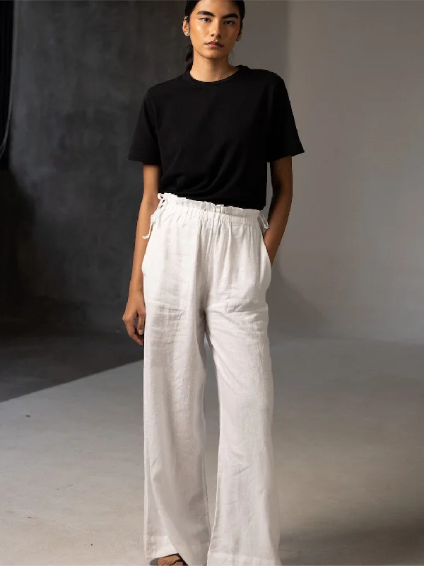 Women's White Linen Viscose Wide Leg Pant Lightweight Jogger Pants