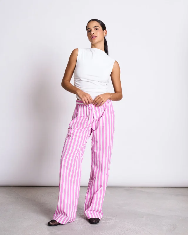 COTTON PANTS SOBY WHITE HOT PINK STRIPED Fashionable Button-Up Pants