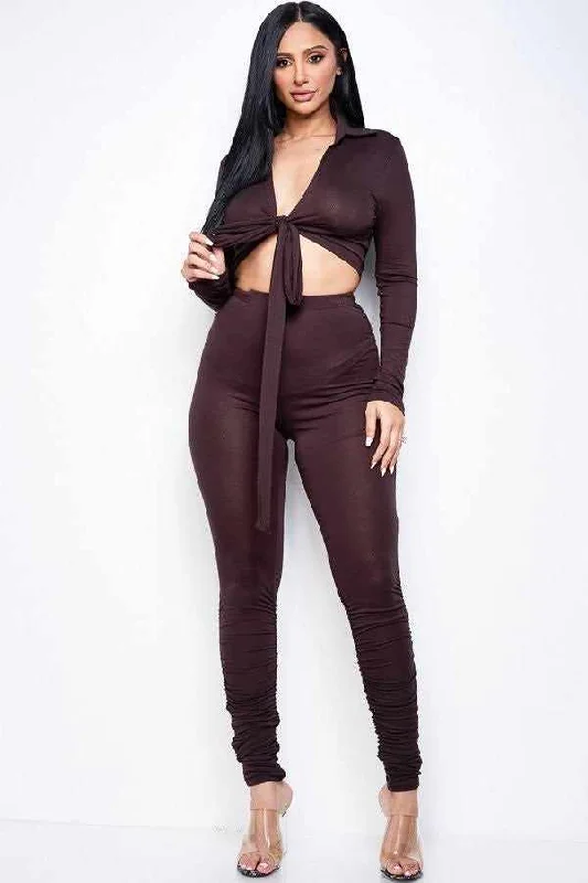 Collared Tie Front Top And Ruched Pants Set Trendy Palazzo Pants