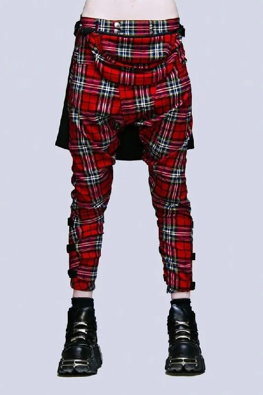 Red Tartan Clip Pants - Unisex Comfortable Denim Trousers