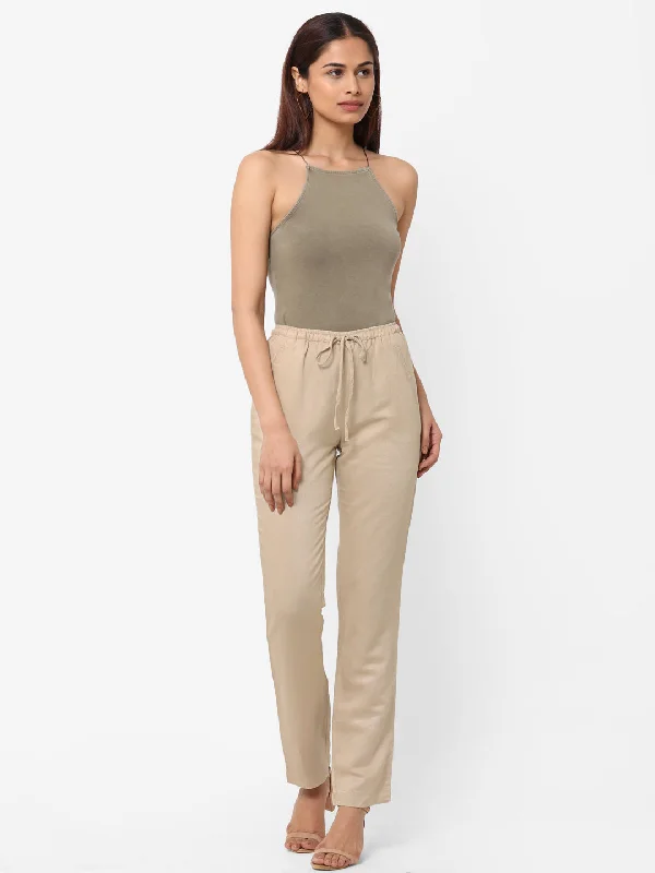 Women's Khaki Linen Regular Fit Pant Cozy Jogger Leggings