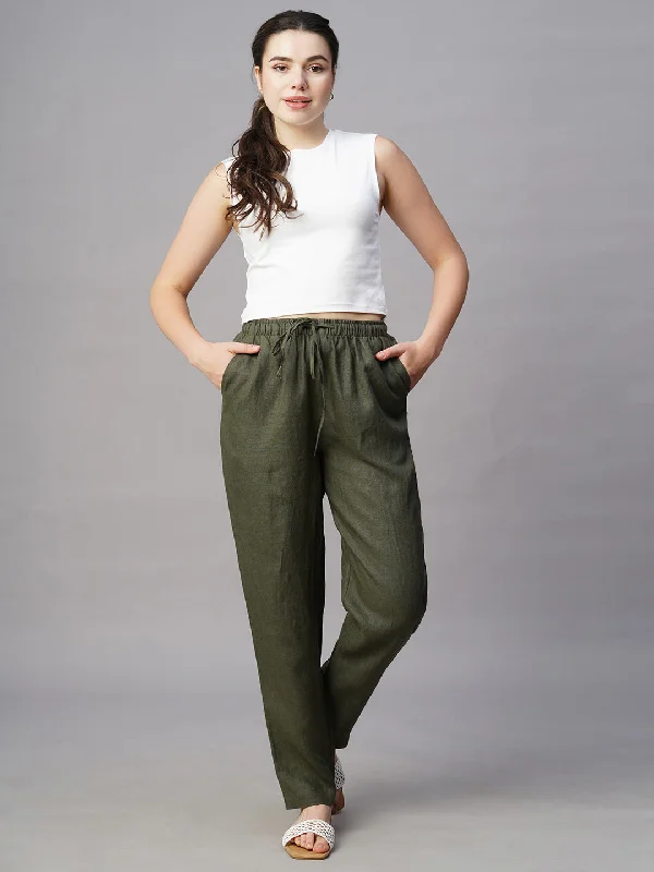 Women's Olive Linen Regular Fit Pant Comfortable Jogger Trousers