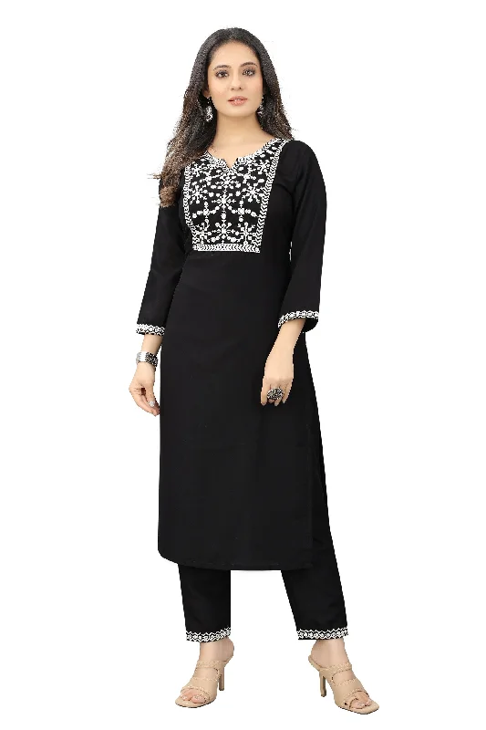 Women Party Wear Thraed Worked Kurta With Pant Set Chic Faux Leather Pants