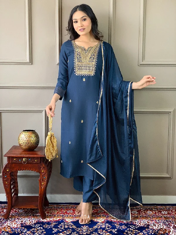 Women Embroidered Rayon Slub Straight Kurta With Pant Dupatta Set Chic Checkered Pants