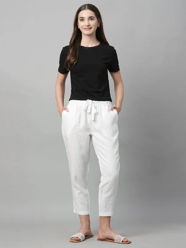 Women's White Linen Regular Fit Pant Comfy High-Waist Jeans