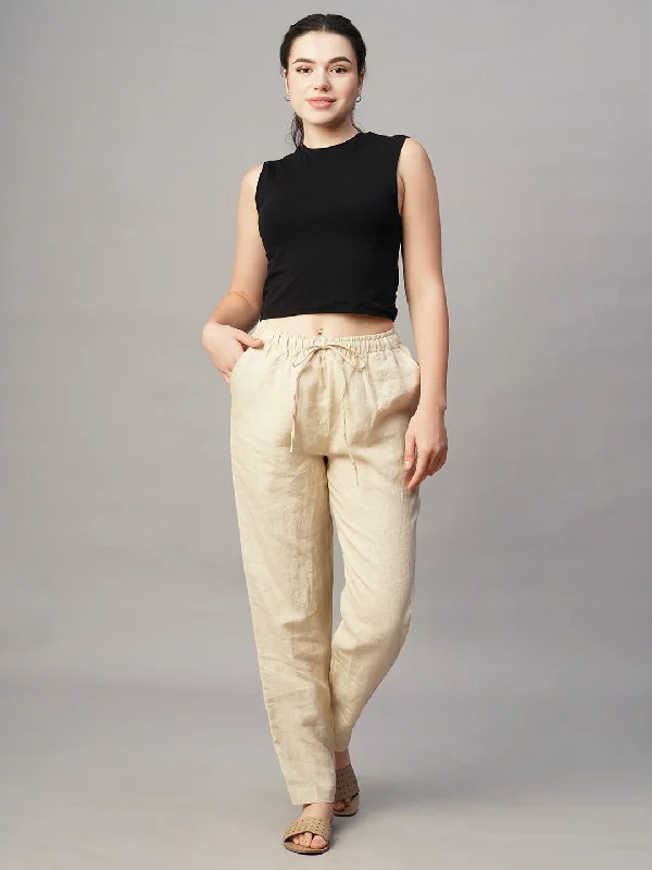 Women's Beige Linen Regular Fit Pant Elegant Palazzo Trousers