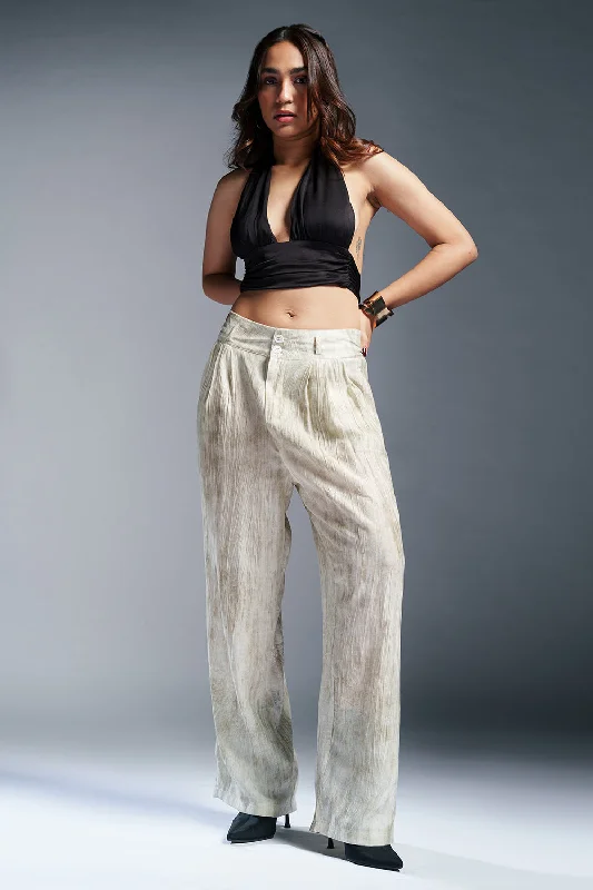Mellow Beige Sheer Double Button Korean Pants Comfortable Pleated Pants