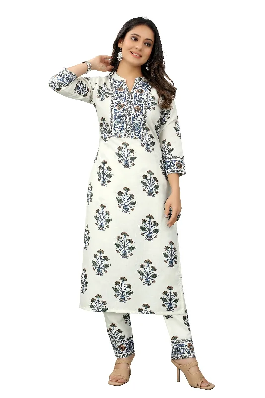 Women Party Wear Foil Print Worked Kurta With Pant Set Classic Bootcut Trousers