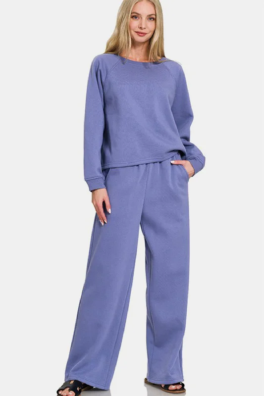 Dusty Blue Round Neck Raglan Sleeve Top and Elastic Waist Pants Set Stylish Slim Trousers Dusty Blue Round Neck Raglan Sleeve Top and Elastic Waist Pants Set Stylish Slim Trousers