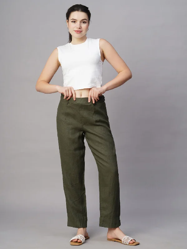 Women's Olive Linen Regular Fit Pant Relaxed Lounge Trousers