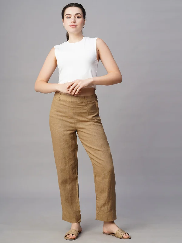 Women's Khaki Linen Regular Fit Pant Casual Lounge Pants