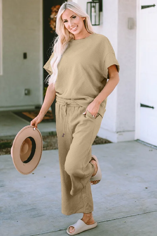 Texture Short Sleeve Top and Pants Set Casual Drawstring Pants