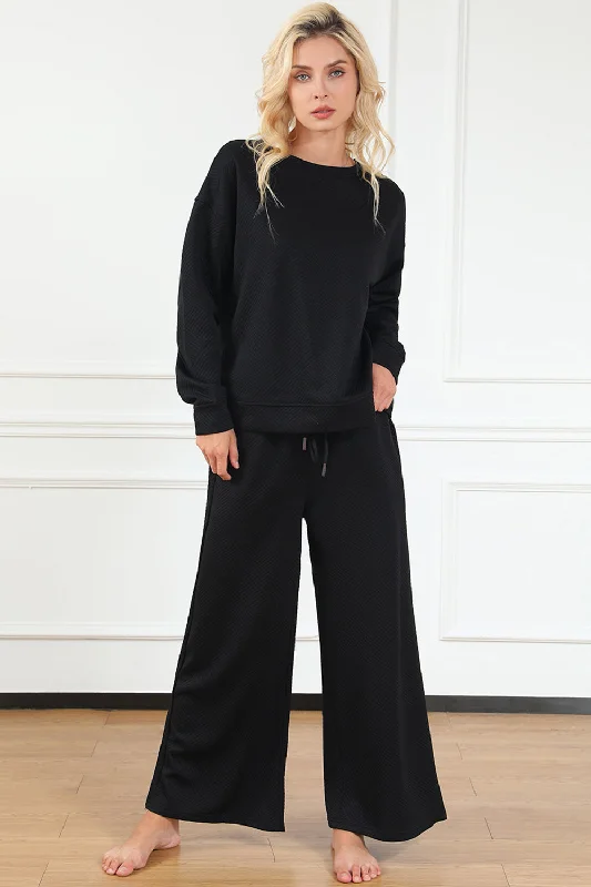 Textured Long Sleeve Top and Drawstring Pants Set Comfortable Pleated Pants